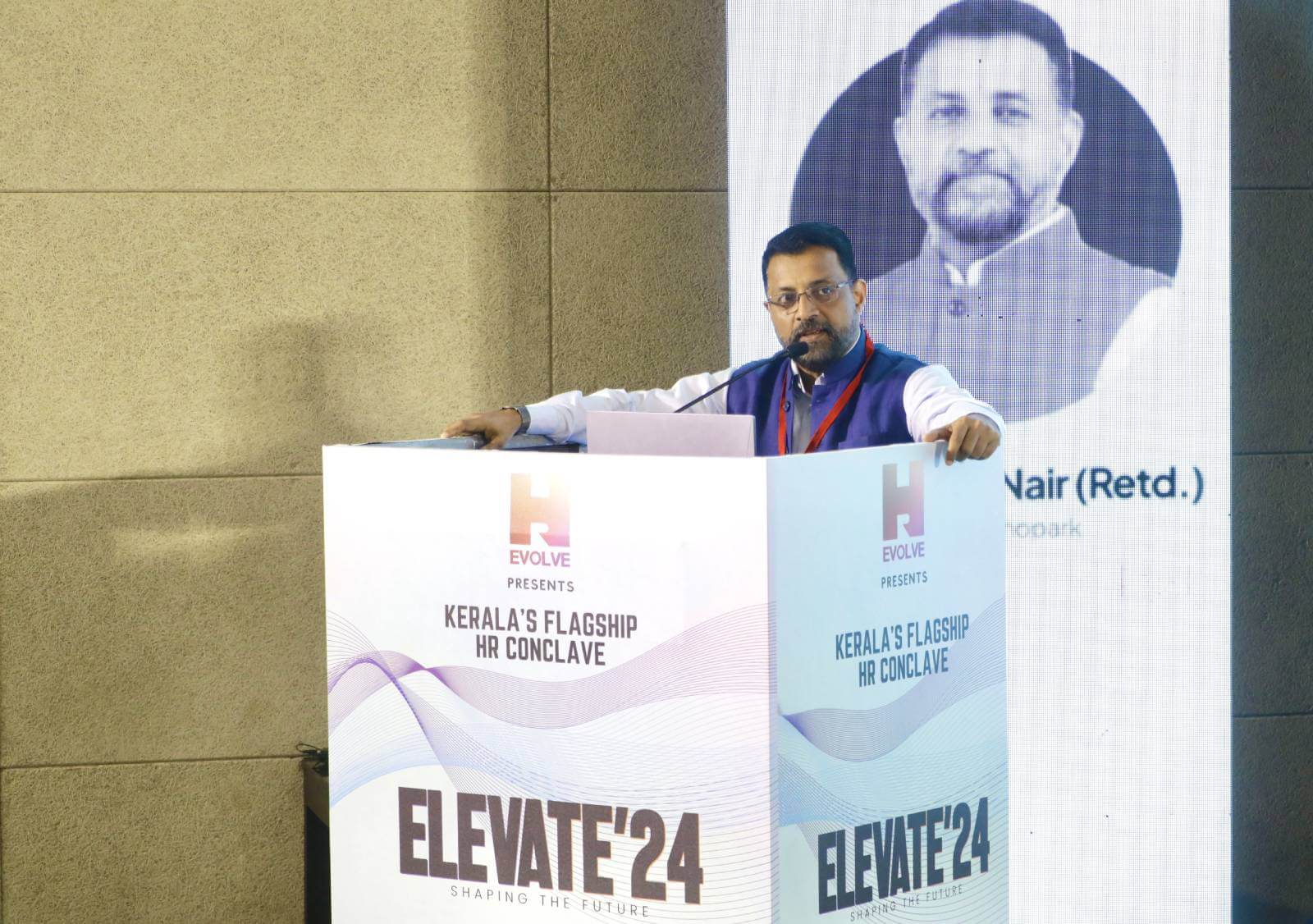 Col Sanjeev Nair (Retd), CEO Technopark, at the maiden Elevate'24: HR Evolve event that brought together HR leaders, CEOs, and business visionaries under one roof.