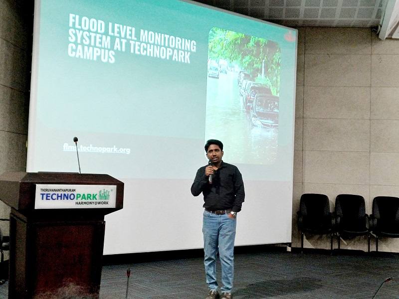 Abhilash M.R (Manager, MEP,); giving an overview of the Flood Level Monitoring System and Automated Weather Station.