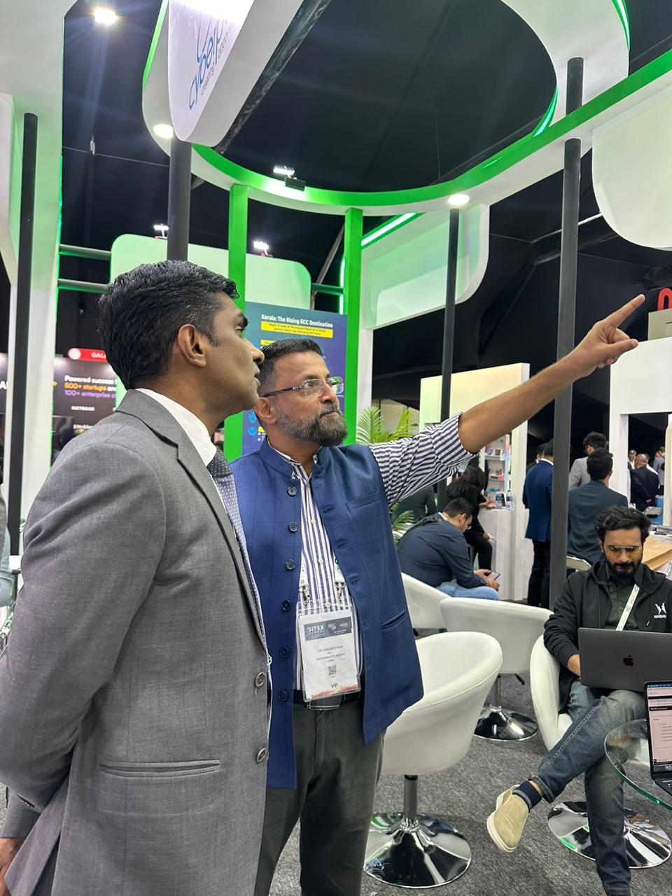 Col Sanjeev Nair (Retd), CEO Technopark, showing Shri Satish Kumar Sivan, Consul General of India in Dubai, around the Kerala IT Pavilion at GITEX Global.